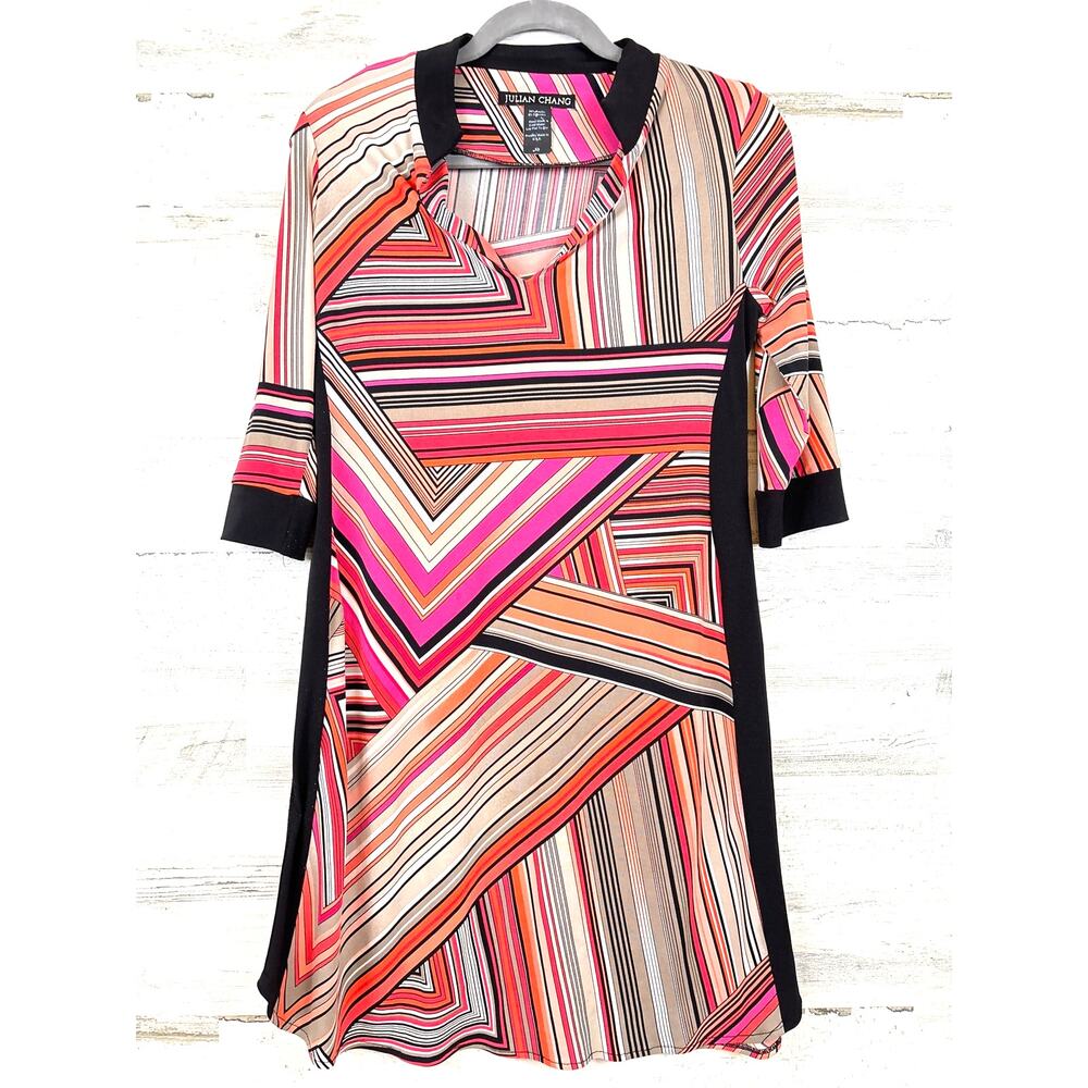 Julian Chang Womens XS Multi Abstract Midi Dress 3/4 Sleeve Designer